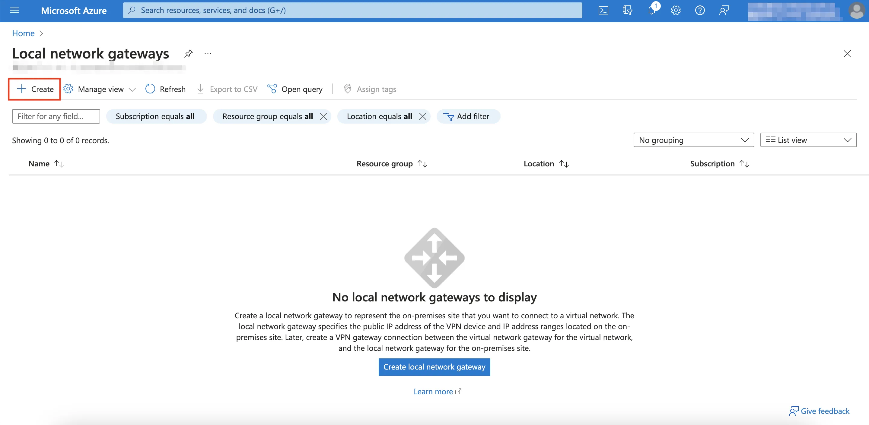 Create Local Network Gateway Button
